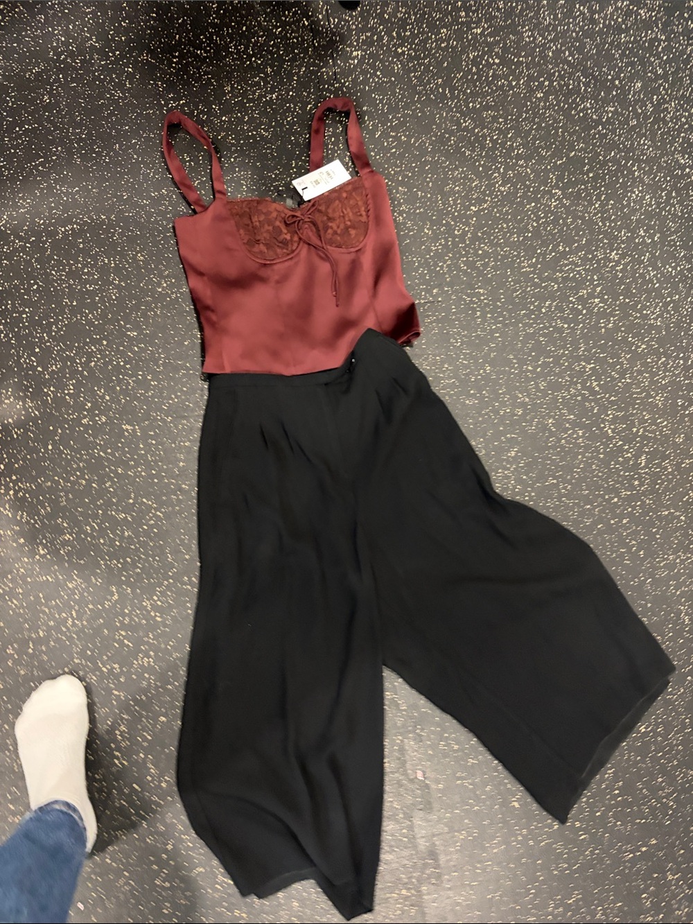 Babaton Burgundy Satin Lace Bustier Top with Black Wide-Leg Pants